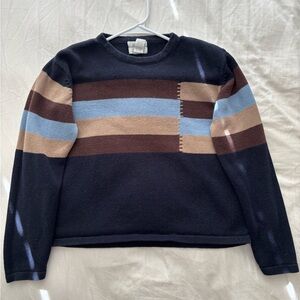 Christopher & Banks Navy Crewneck Sweater with Brown, Tan & Light Blue Stripes